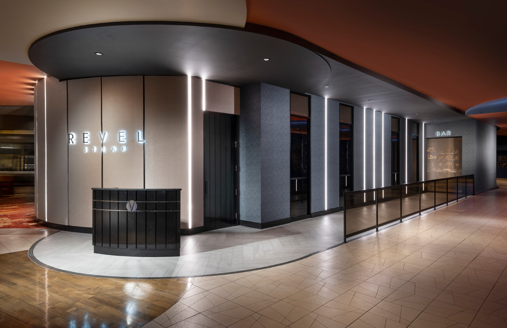 Revel Steak restaurant entrance and host stand at MotorCity Casino Hotel