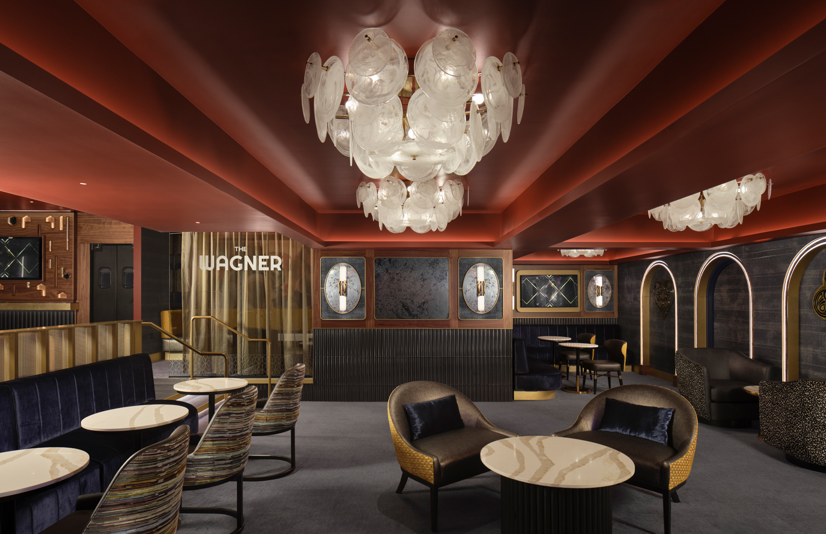 Velvet booth seating inside The Wagner at MotorCity Casino Hotel